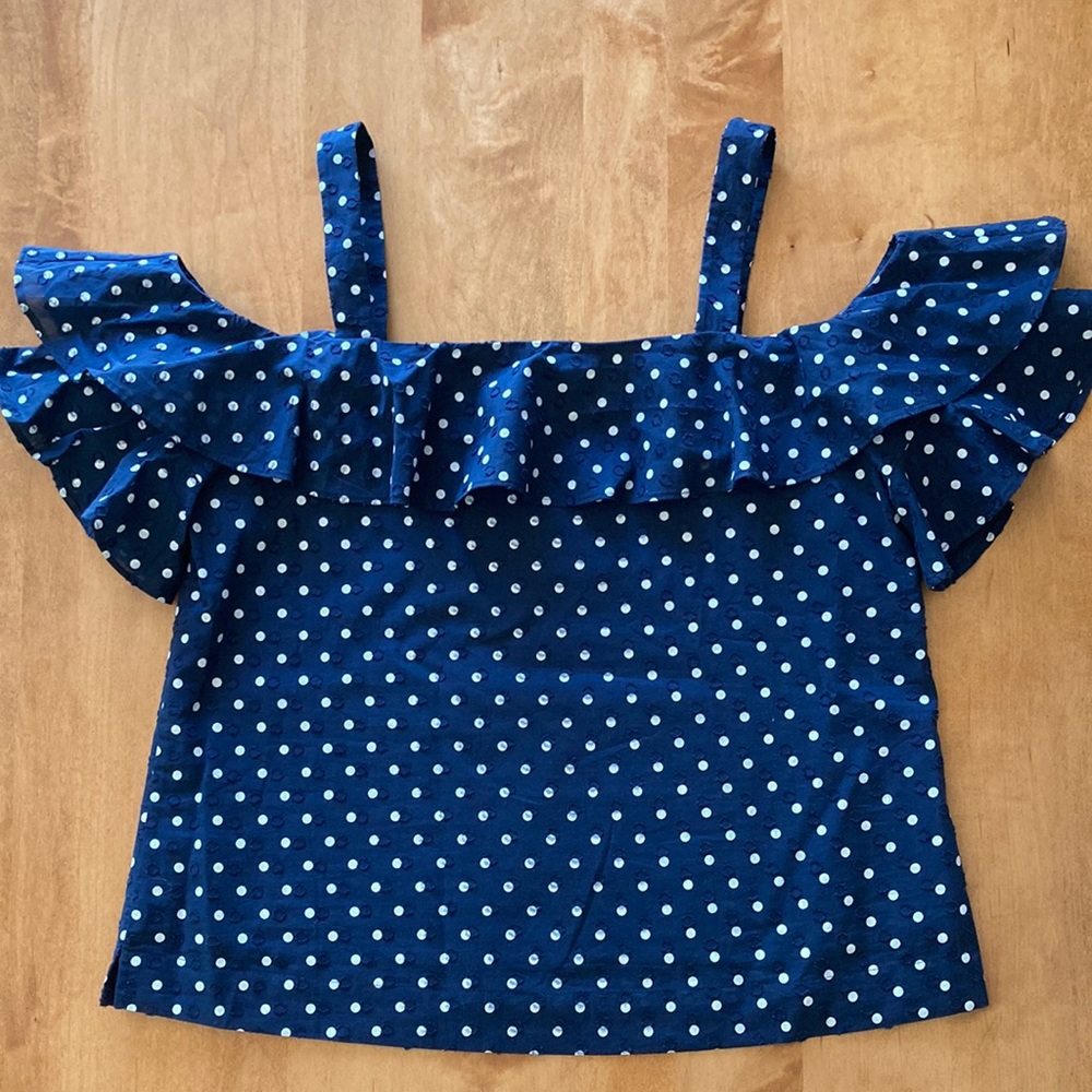 J.Crew Navy Polka Dot flutter sleeve tank